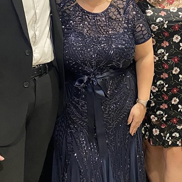 R&M Richards Navy Blue Sequin short sleeve Gown Dress size 14 - Picture 9 of 11